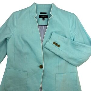 New Talbots Aberdeen Light Blue Linen Blazer Jacket White Piping Petite 4P